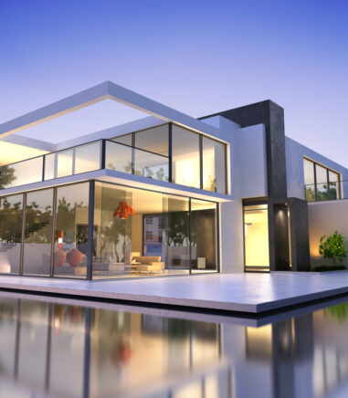 Realistic 3D rendering of a very modern upscale house with swimming pool