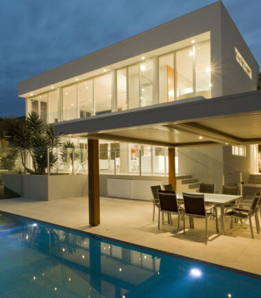 Modern backyard with swimming pool in Australian mansion