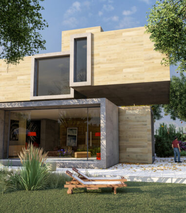 3D rendering of a modern cubic house in wood and concrete with pool and garden